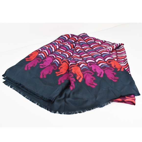 Large long colorful Kate Spade silk scarf, fuchsia panther classy silk scarf - Picture 2 of 9
